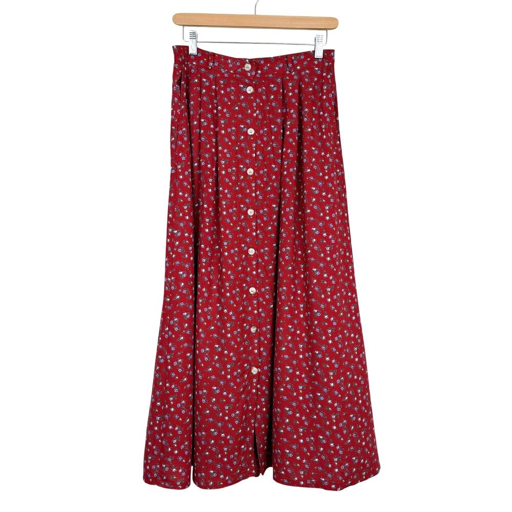 L.L.Bean Maxi Skirt Floral Cotton Red Button Front USA Made Vintage 90s Grunge
